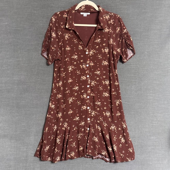 American Eagle Outfitters Dresses & Skirts - American Eagle Dress M Brown Ditzy Floral Shirtdress Ruffle Shift 90s y2k Retro